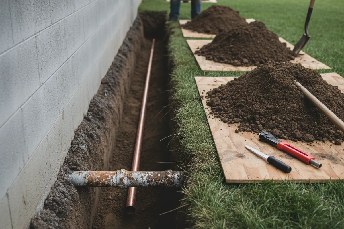 Excavated water line trench during Water Softener Installation in Chenoa
